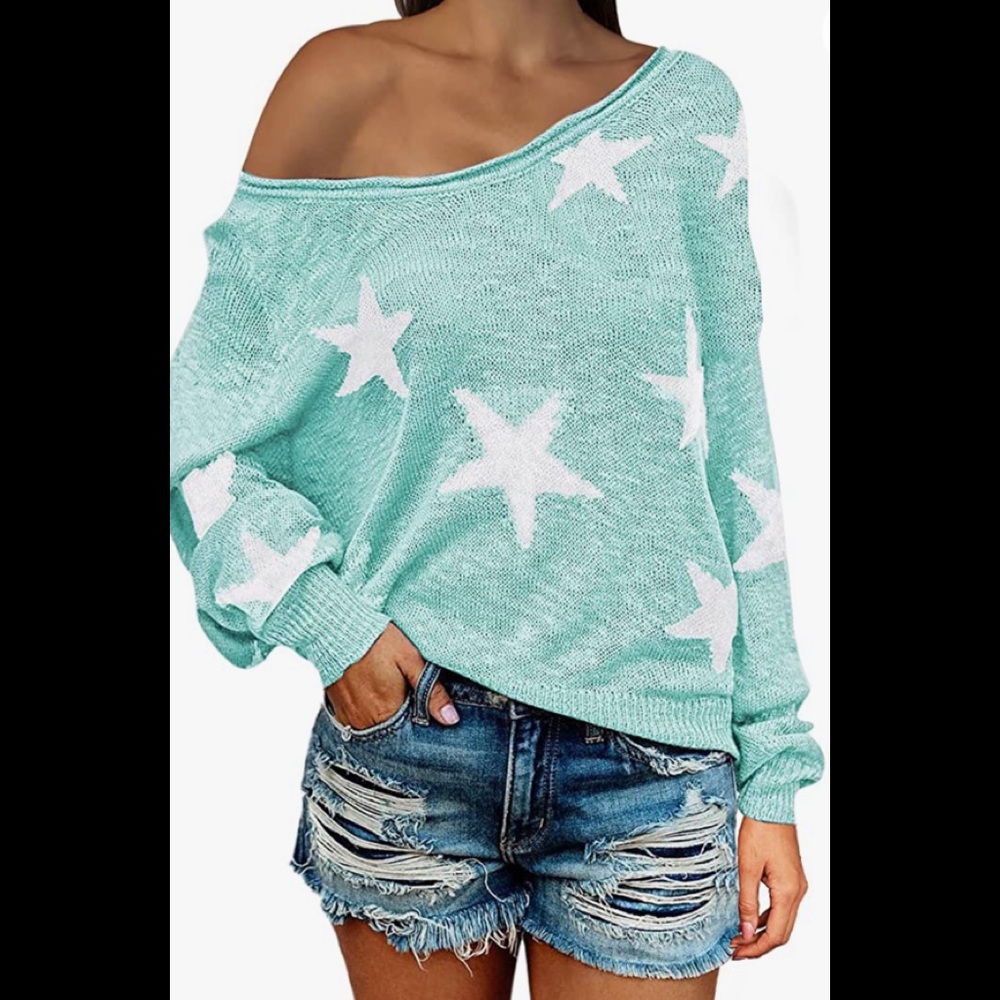 Aqua and white star print slouchy off the shoulder sweater.